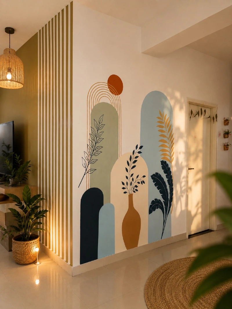 Modern Arched Wall Mural with Fluted Corner Slats, Terracotta Accents, and Woven Rug