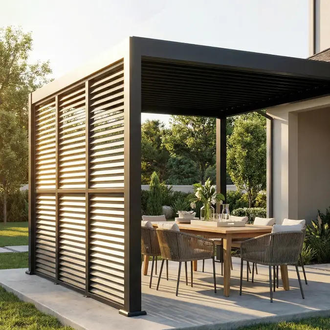 Modern Black Metal Louvered Pergola