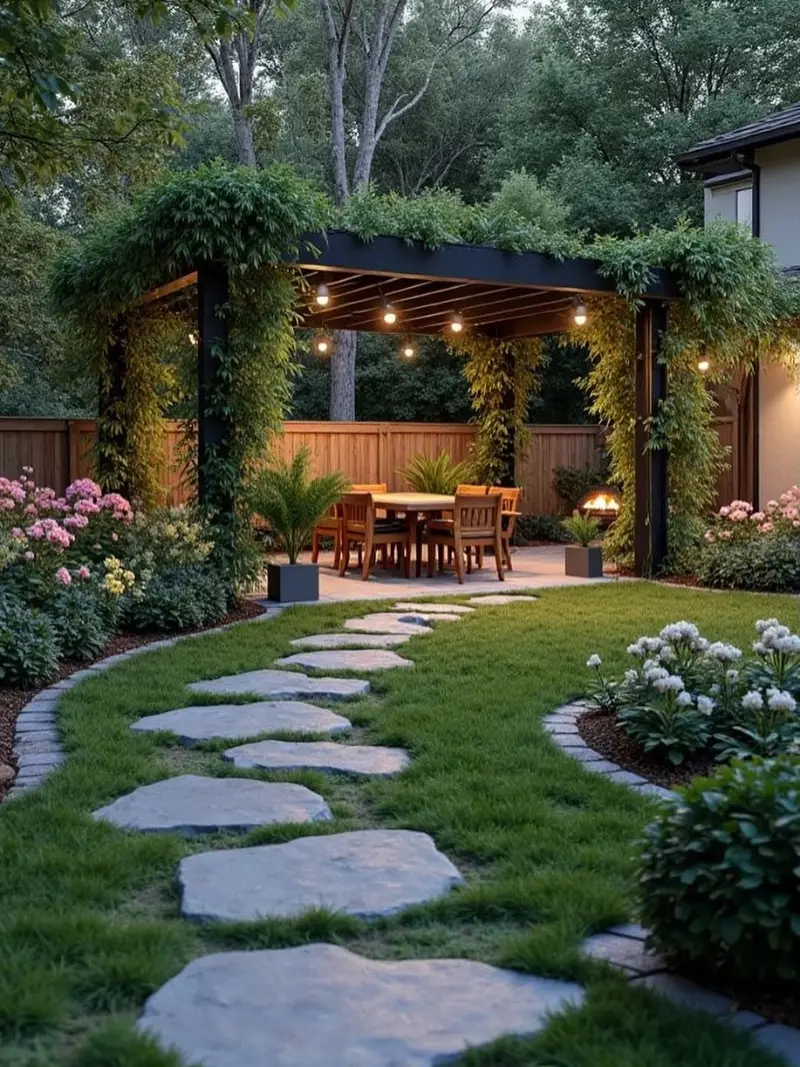 Modern Black Pergola Framed by Lush Planting and a Curved Stepping Stone Path