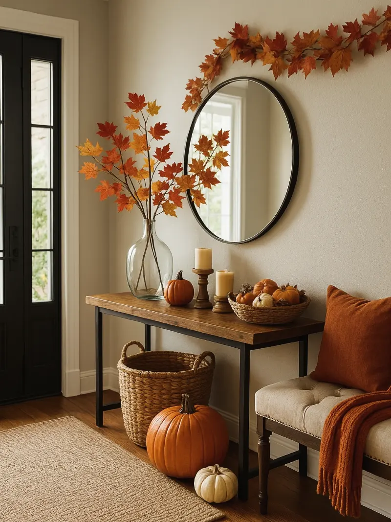 Modern Console Table with Orange Maple Branches, Round Mirror, and Tufted Bench