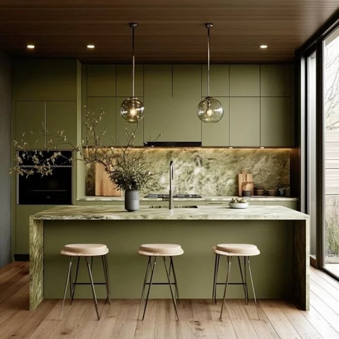 Modern Olive Kitchen With Green Marble Waterfall Island