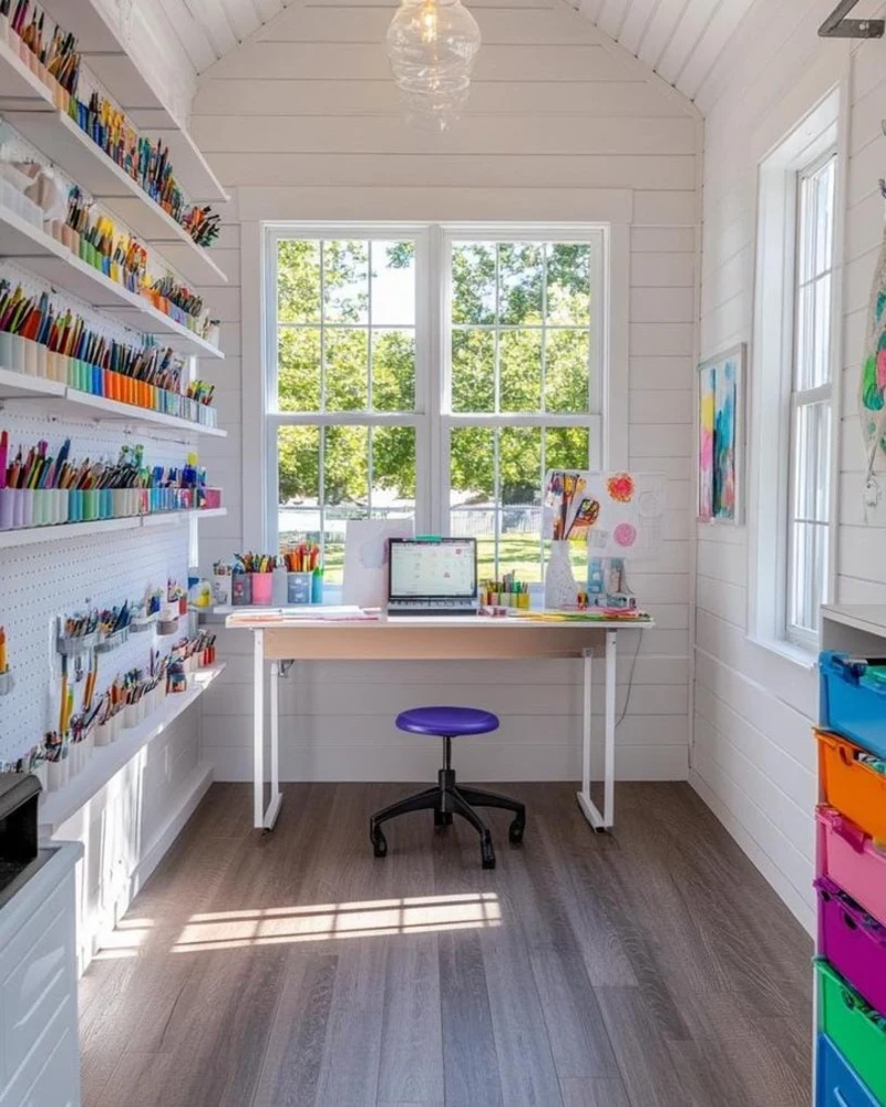 Modern Shiplap Art Studio with Rainbow Pegboard Storage