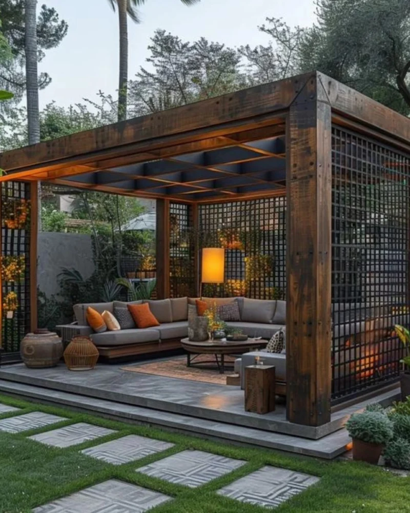 Modern Timber Pergola with Black Lattice Privacy Walls