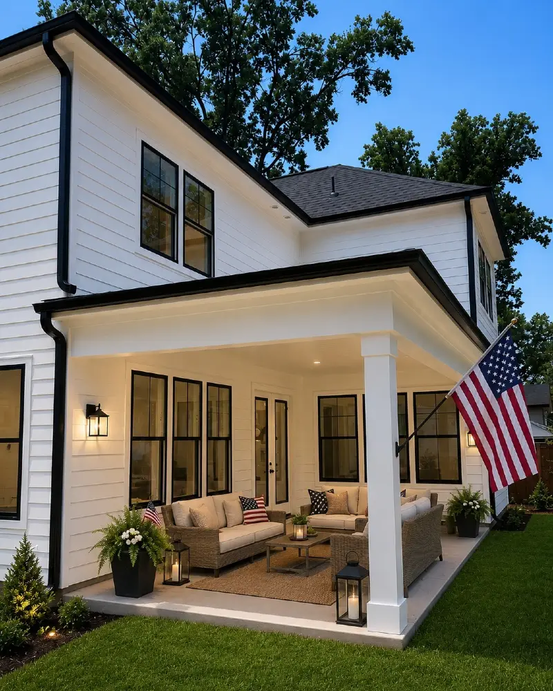 Modern White Farmhouse Back Porch with Woven Sectional and Angled Flag Pole