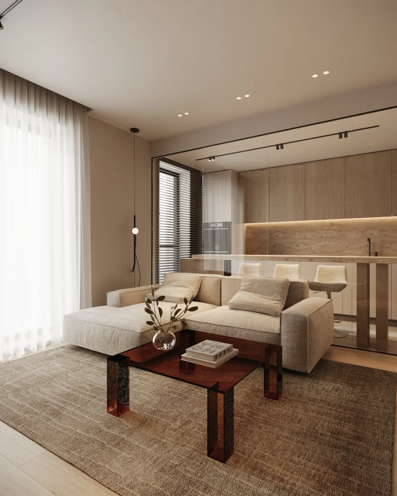 Modular Lounge Seating with Glass Partition and Open Kitchen View