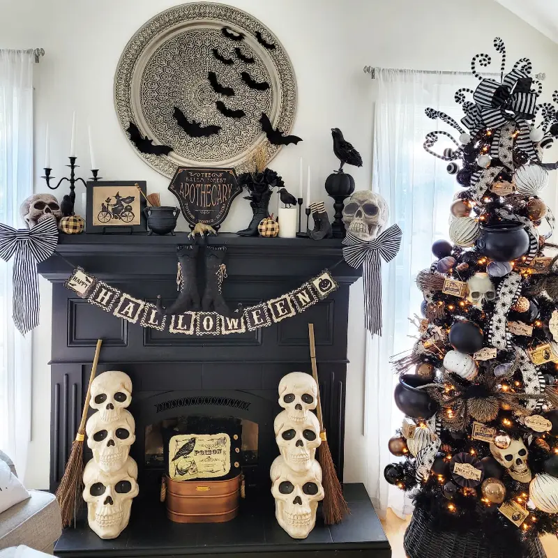 Monochromatic Black Mantel with Skulls, Apothecary Sign, and a Fully Decorated Halloween Tree