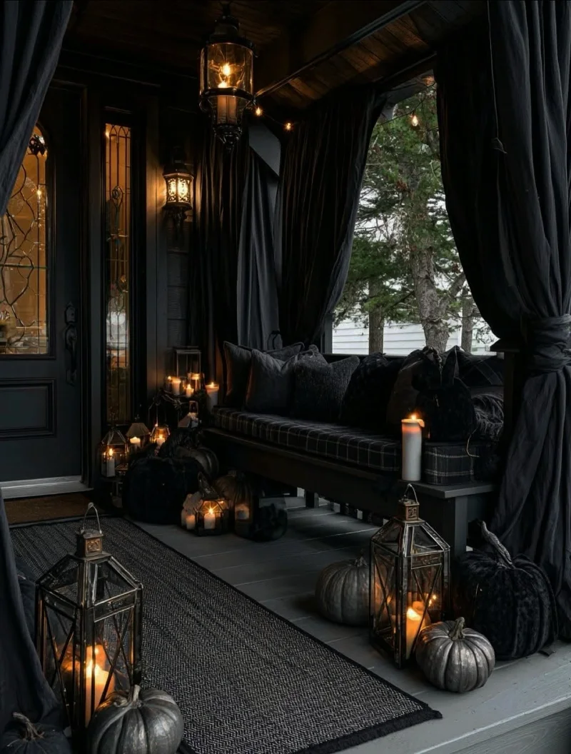 Monochromatic Black Porch Daybed with Heavy Drapery and Metallic Pumpkins