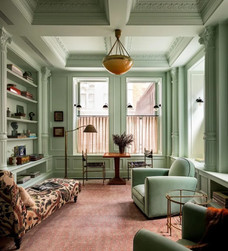 Monochromatic Sage Living Space with Warm Terracotta Rug and Ornate Trim
