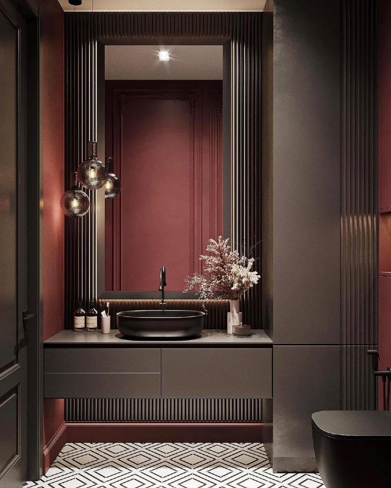 Moody Burgundy Vanity Nook with Fluted Detailing