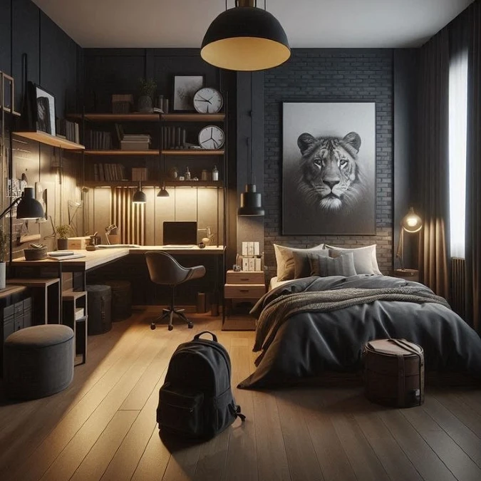 Moody Charcoal Bedroom With a Built In Study Corner