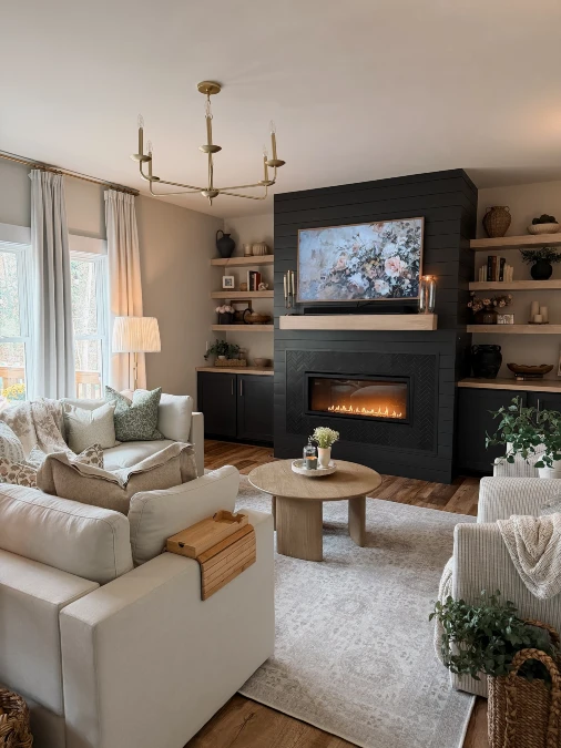 Moody Fireplaces and Floating Wood Shelves