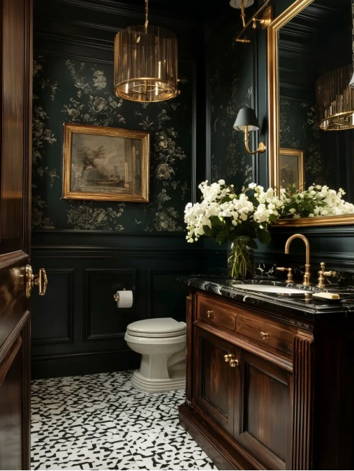 Moody Floral Wallpaper and Heavy Brass Accents