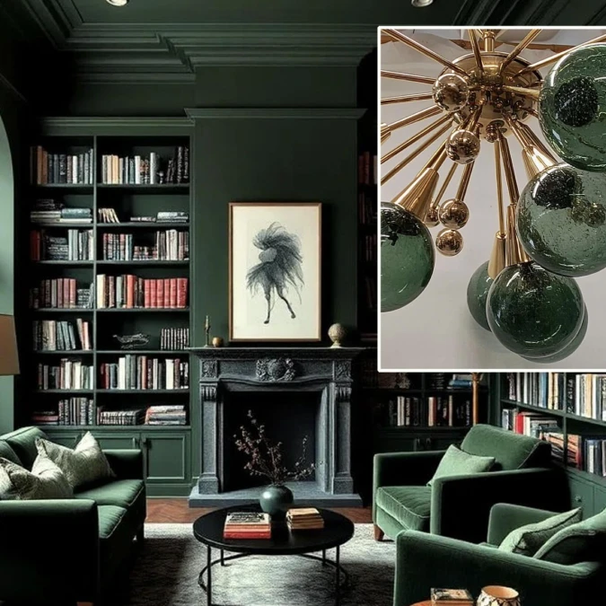 Moody Green Library With Glass Globe Lighting