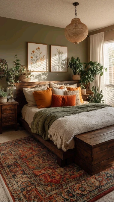 Moody Green Walls And Warm Rust Bedding