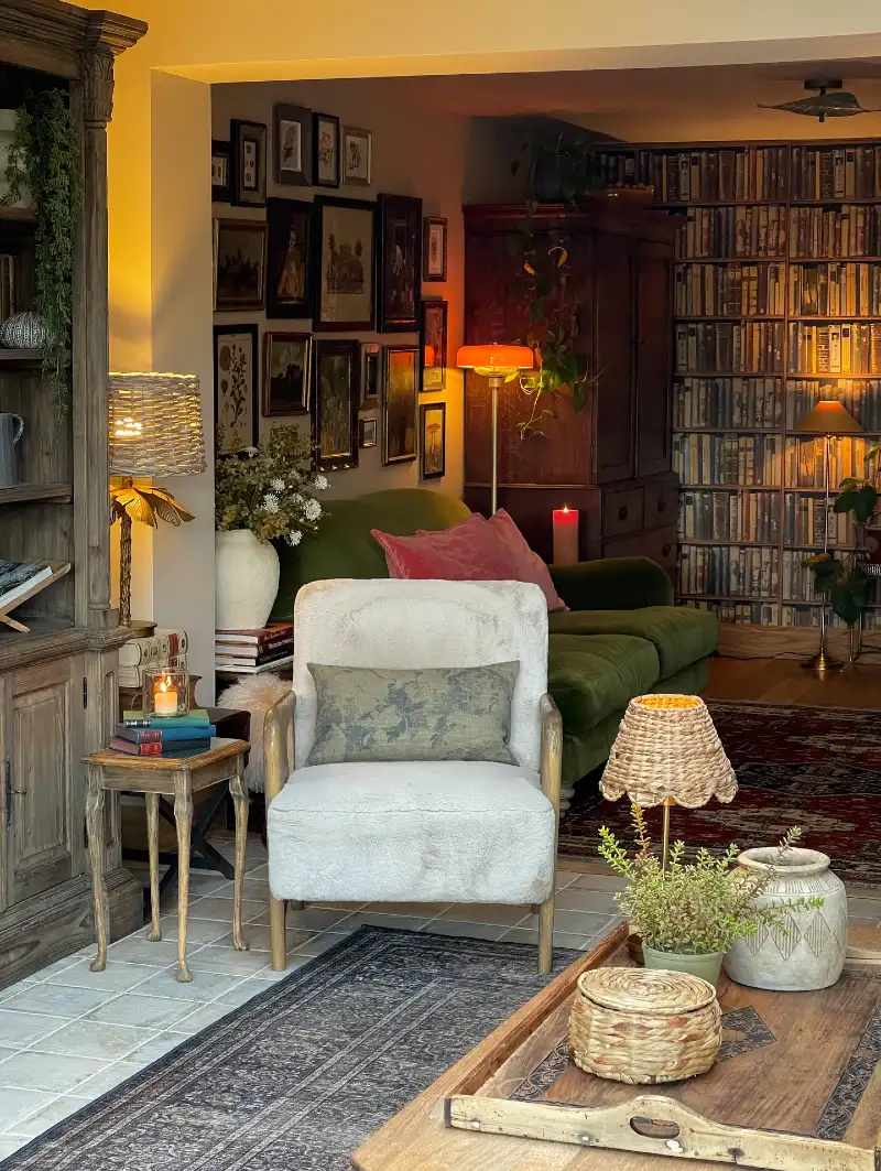 Moody Library Nook with Olive Velvet Sofa and Floor-to-Ceiling Bookshelves