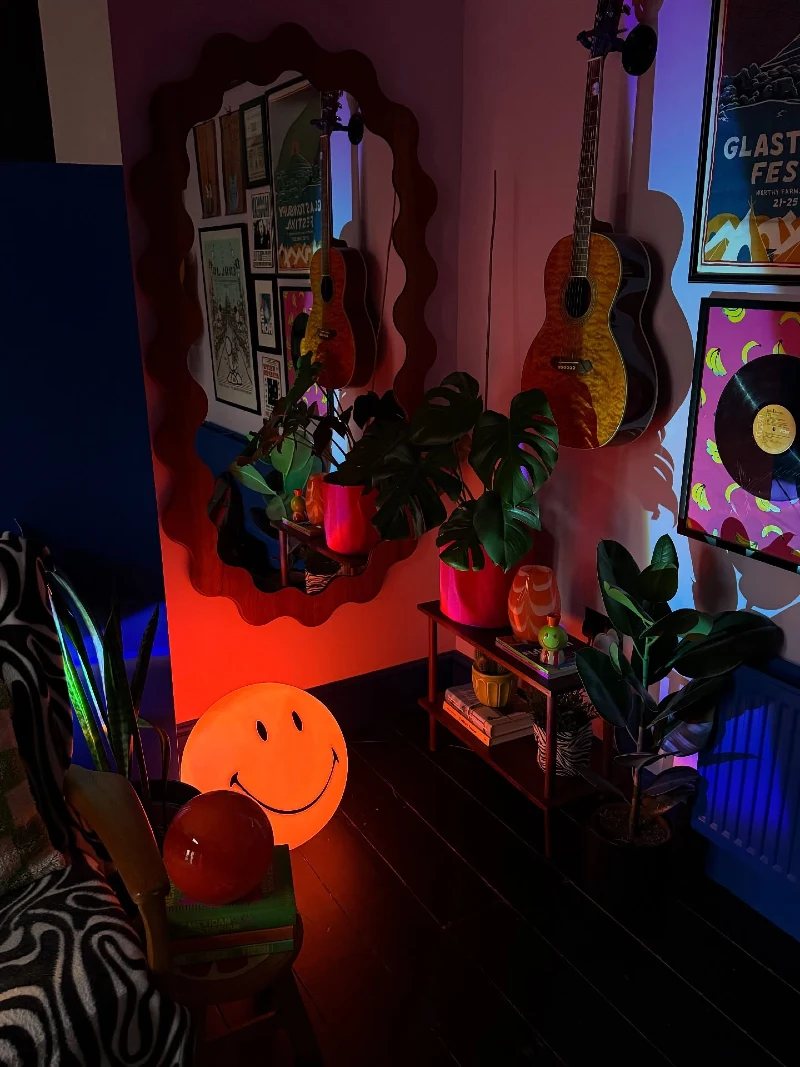 Moody Music Corner with Wavy Mirror and Glowing Smiley Face Lamp