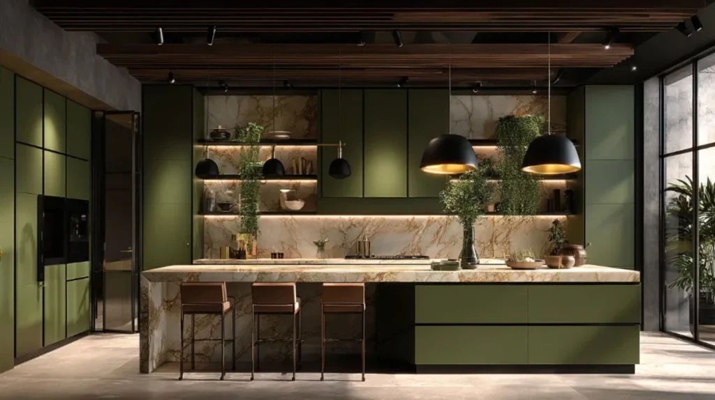 Moody Olive Cabinets With Dramatic Marble