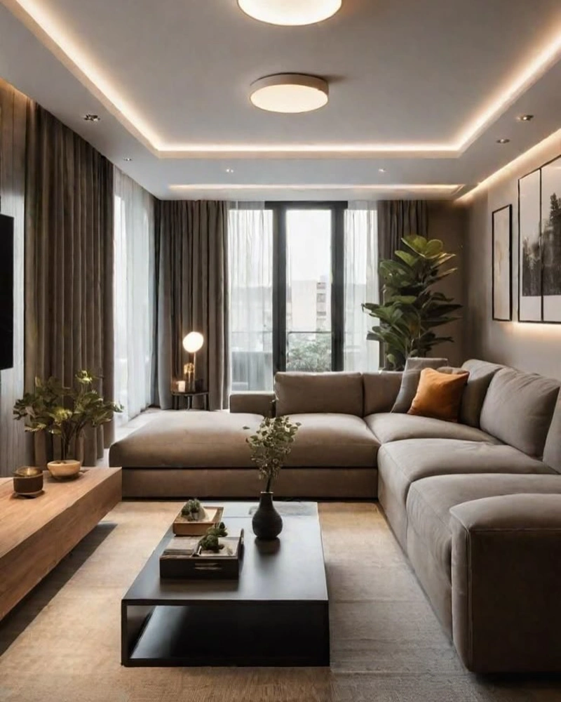 Moody Sectional with Chaise, Black Coffee Table, and Lit Tray Ceiling