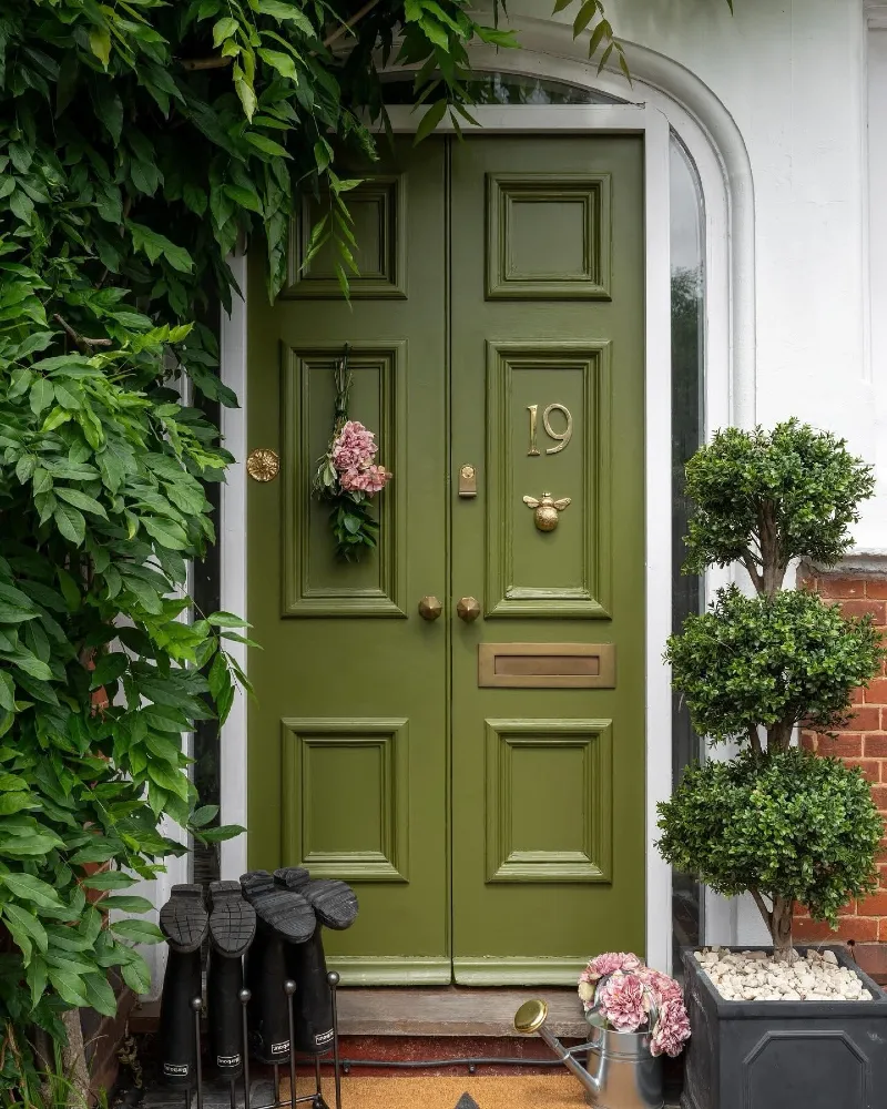  Moss Green Double Doors with Brass Bee Knocker and Climbing Foliage