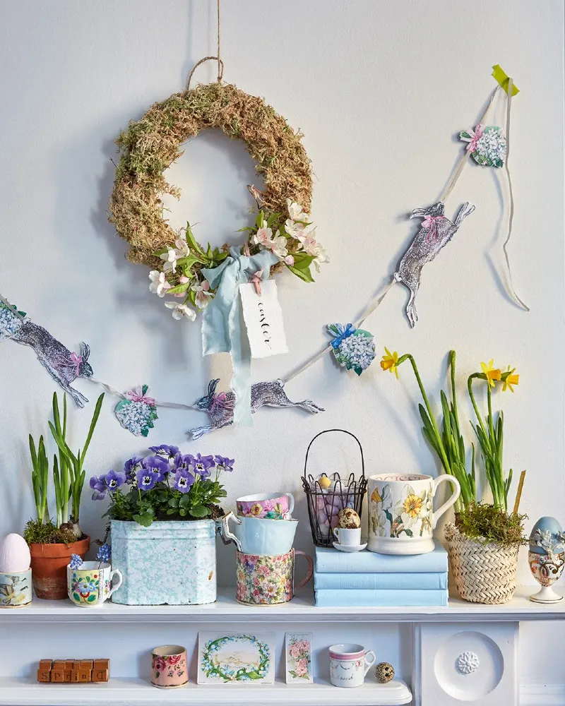 Moss Wreath with Whimsical Rabbit Garland and Potted Florals