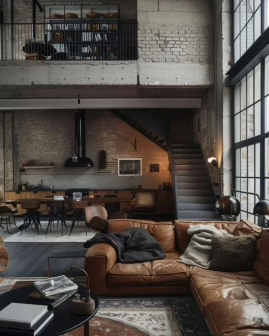Multi Level Loft Living Room With Concrete Ceilings And Vintage Kitchen