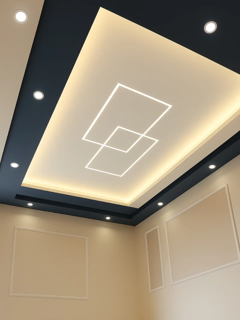 Multi-Tiered Cream Drop Ceiling with Integrated LED Channels and Charcoal Border