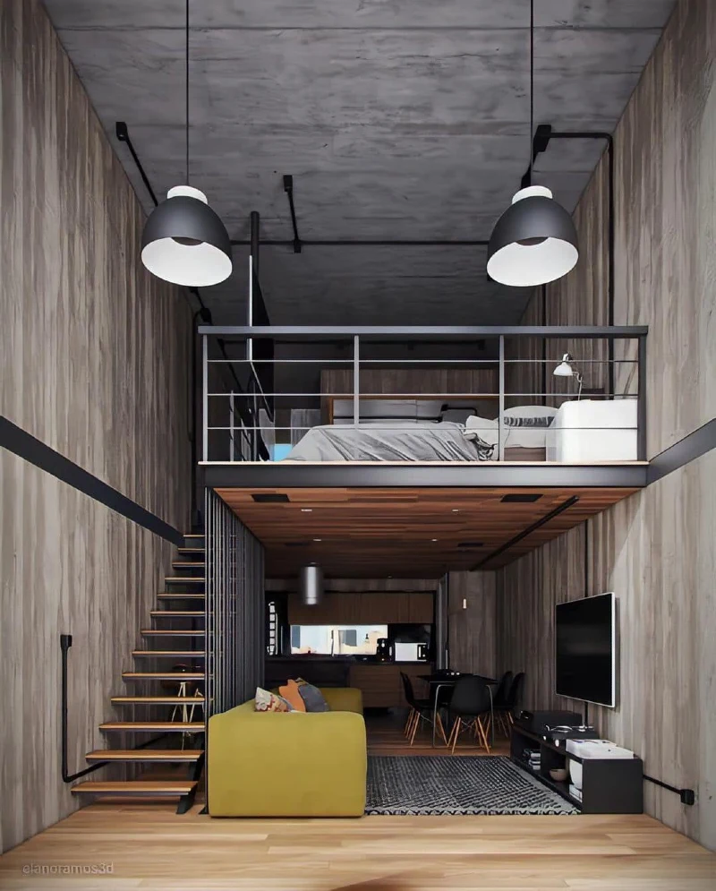 Mustard yellow sofa with vertical timber walls and hanging black dome pendants