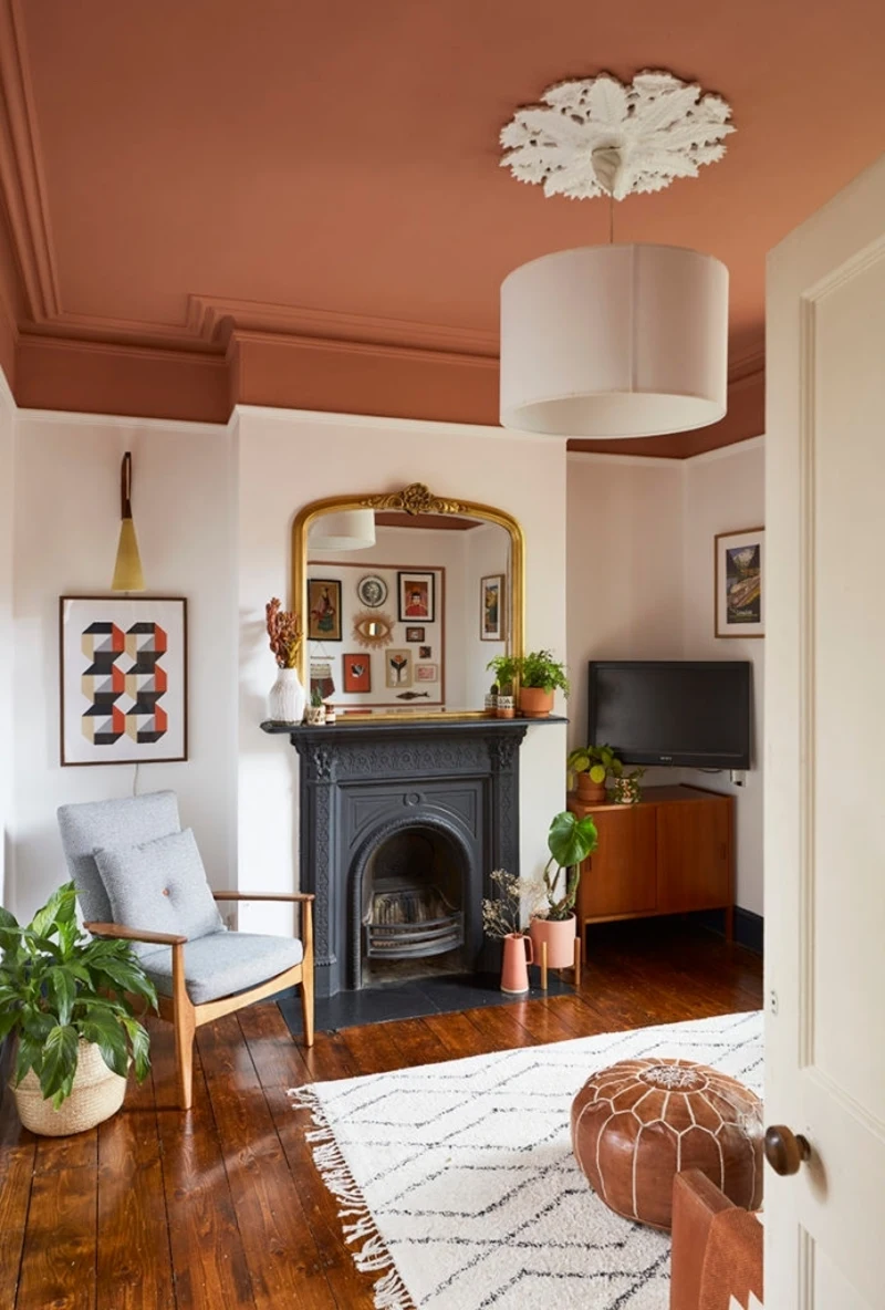 Muted Cinnamon Ceiling and Frieze Wrap with Stark White Plaster Medallion and Arched Black Fireplace