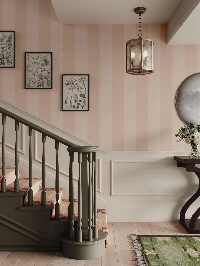Muted Pink Striped Wallpaper and Cream Wainscoting Hallway with Olive Green Banister