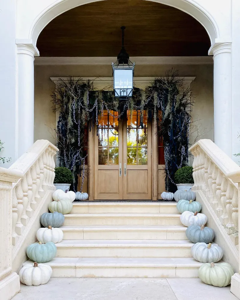 Muted Sage and Slate Blue Pumpkins on Stone Steps with Mossy Chain Garland