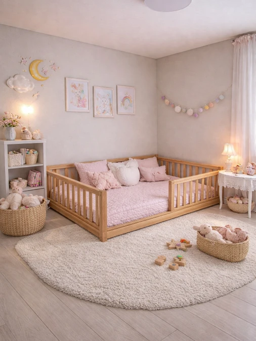 Natural Wood Floor Bed with Soft Pink Layers