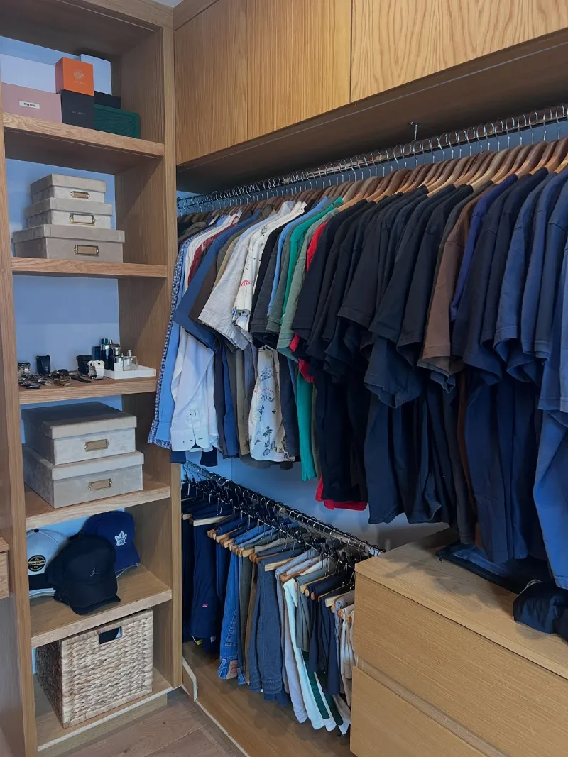 Natural Wood Shelving with Fabric Storage Boxes and Double-Tiered Hanging