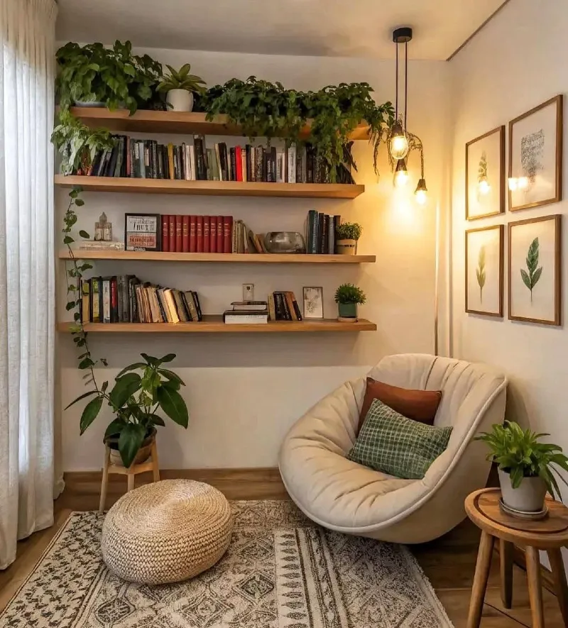 Natural Wood Shelving with Trailing Botanical Life