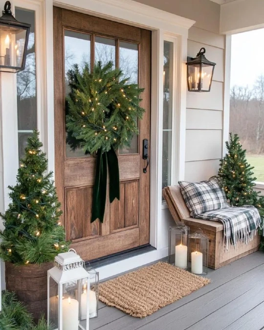 Natural Wood and Plaid Porch Decor