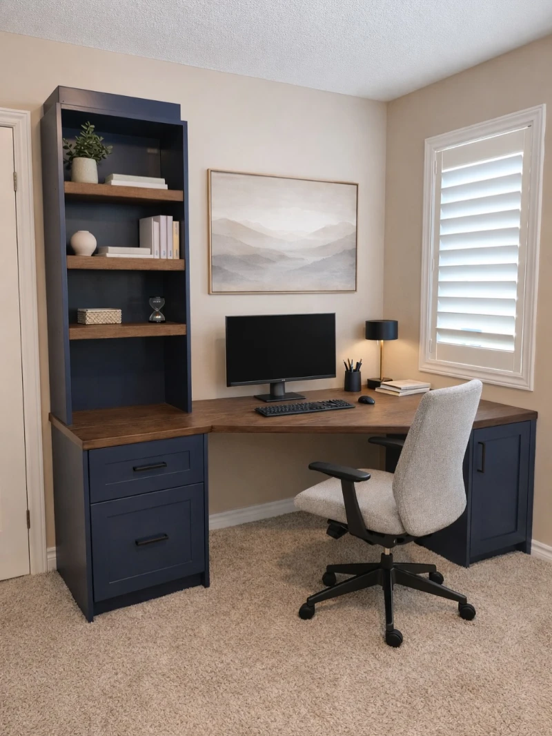 Navy Blue Corner Desk with Warm Wood Top and Open Display Shelving