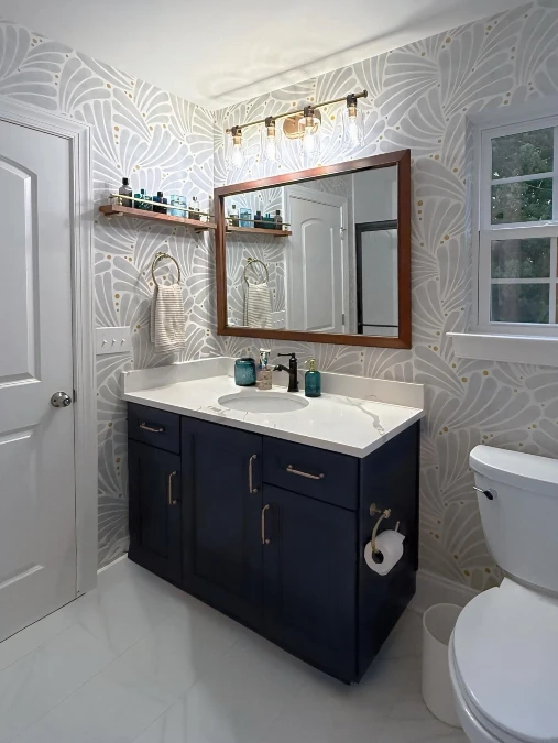 Navy Cabinetry and Bold Art Deco Wallpaper