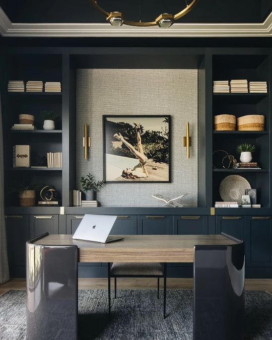 Navy Cabinets And Textured Walls