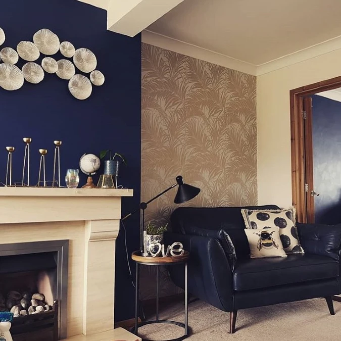 Navy Fireplace Wall And Gold Botanical Wallpaper