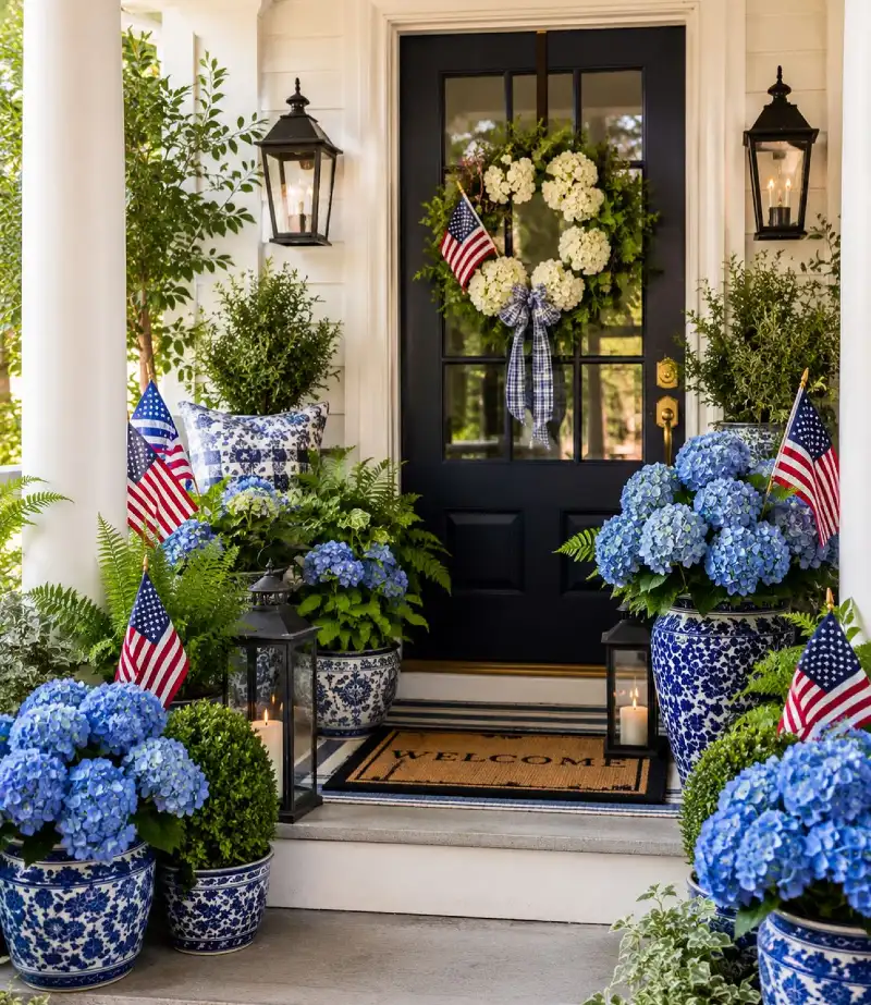 Navy Front Door with Chinoiserie Planters and Blue Hydrangeas