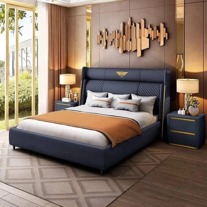 Navy Upholstery And Abstract Gold Wall Art