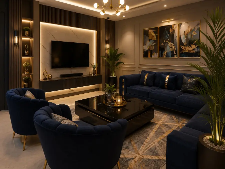Navy Velvet Furniture With Warm Backlit Walls