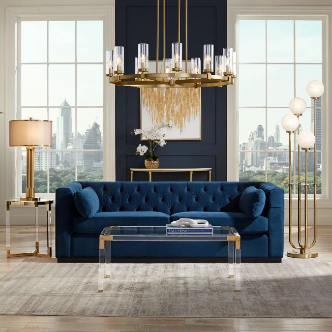 Navy Velvet Sofa And Brass Accents