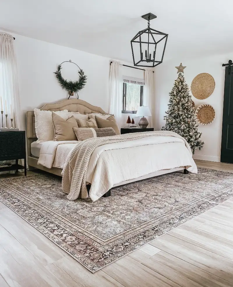 Neutral Beige Bedding with Minimalist Brass Wreath and Frosted Corner Tree