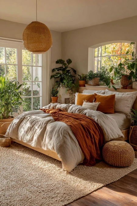 Neutral Linen Bedding With Earthy Rust Accents