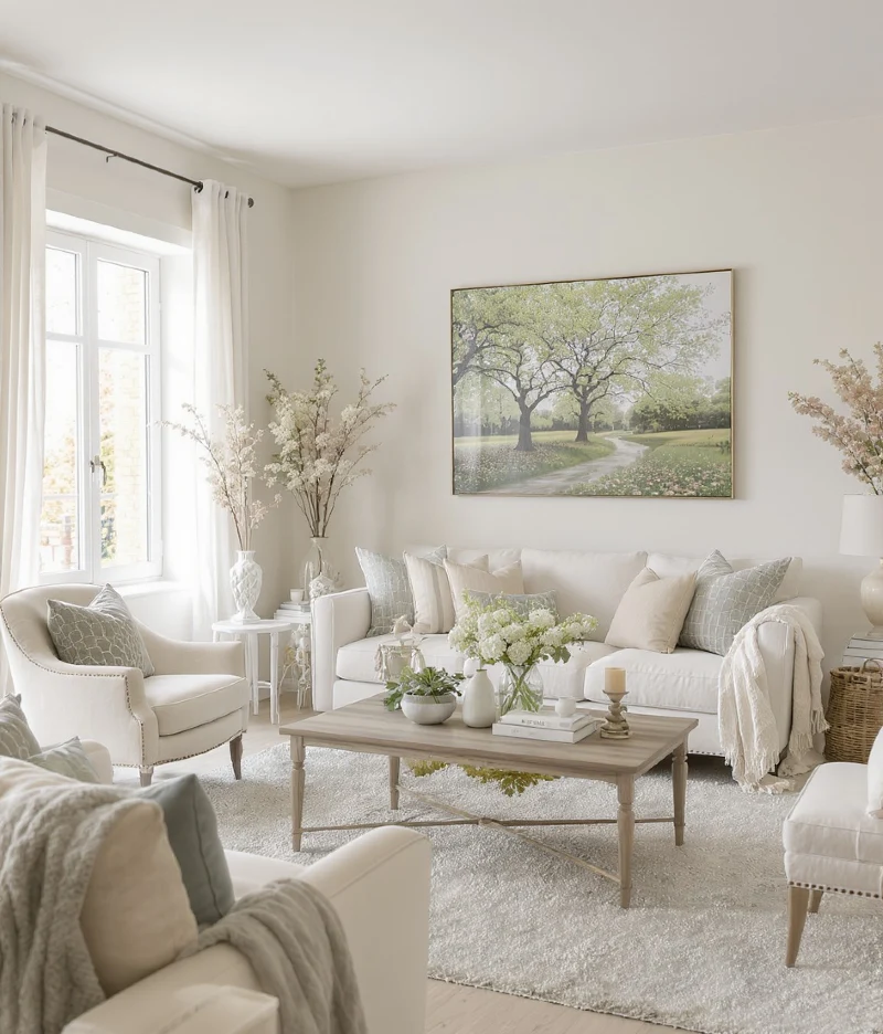 Neutral Living Room with Landscape Art and Fresh Botanicals