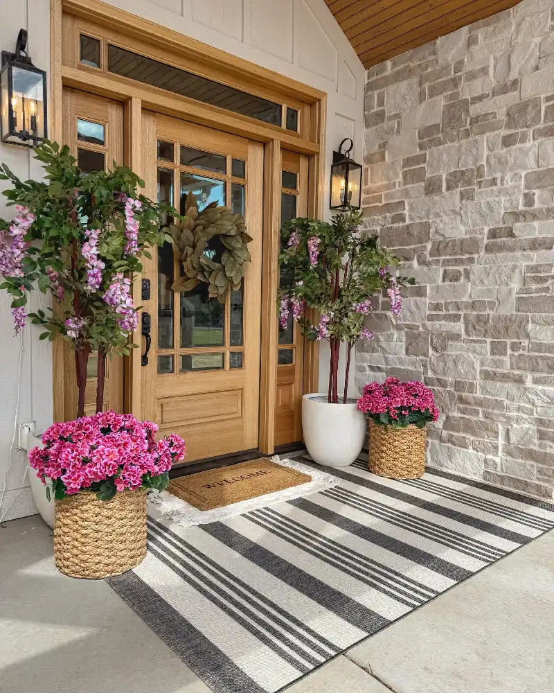 Oak Front Door with Pink Florals and Layered Striped Rugs