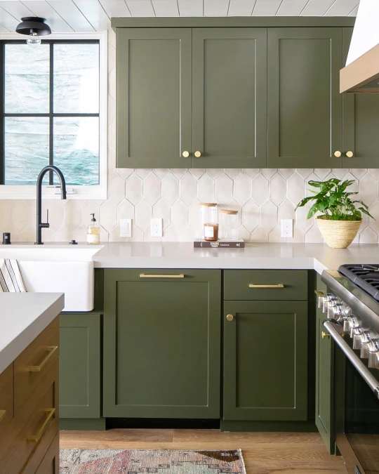 Olive Green Cabinets With Geometric Tile Backsplash