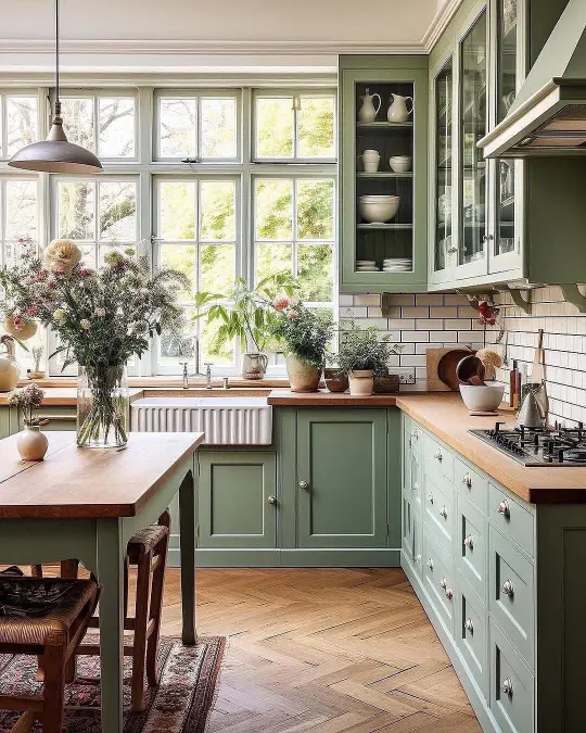Olive Green Farmhouse Kitchen With Wood Counters