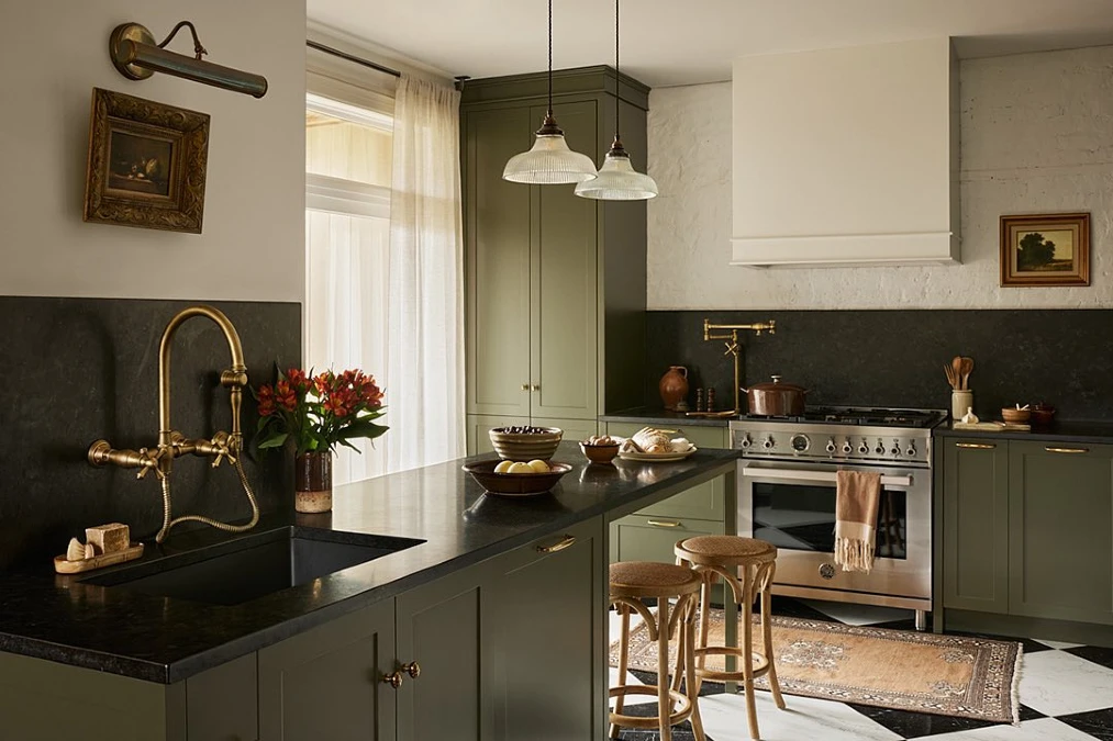 Olive Green Kitchen With Black Checkerboard Floors