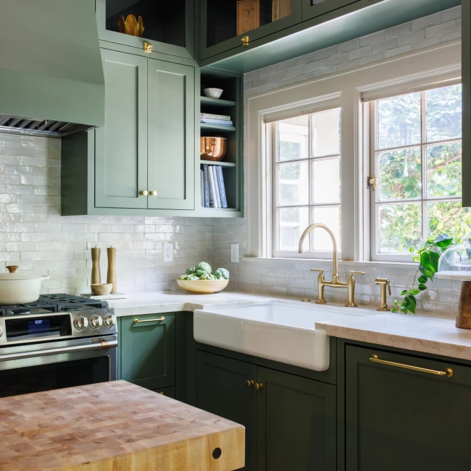 Olive Green Kitchen With Zellige Tile Backsplash
